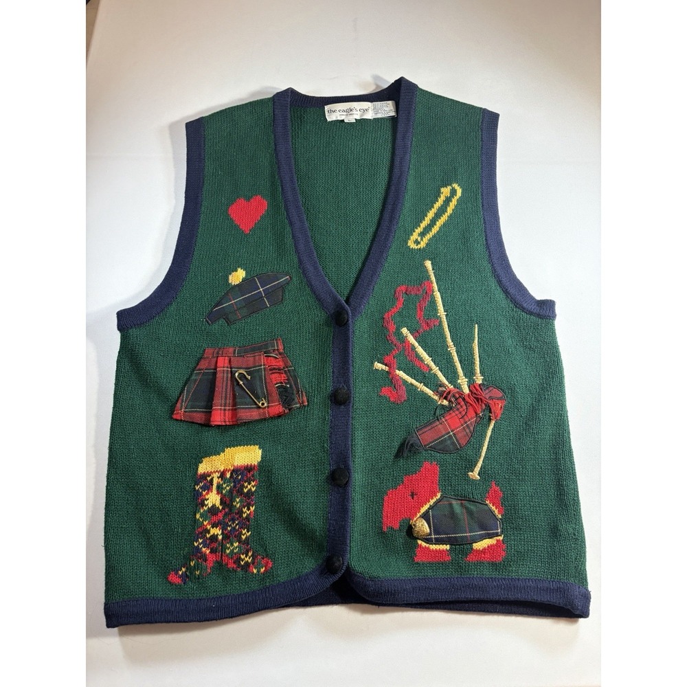 Vintage The Eagle's Eye Woman's Button Up Sweater Vest Scottish Bagpipes L K1